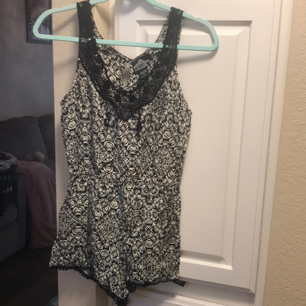 Angie cream and black patterned sleeveless shorts romper